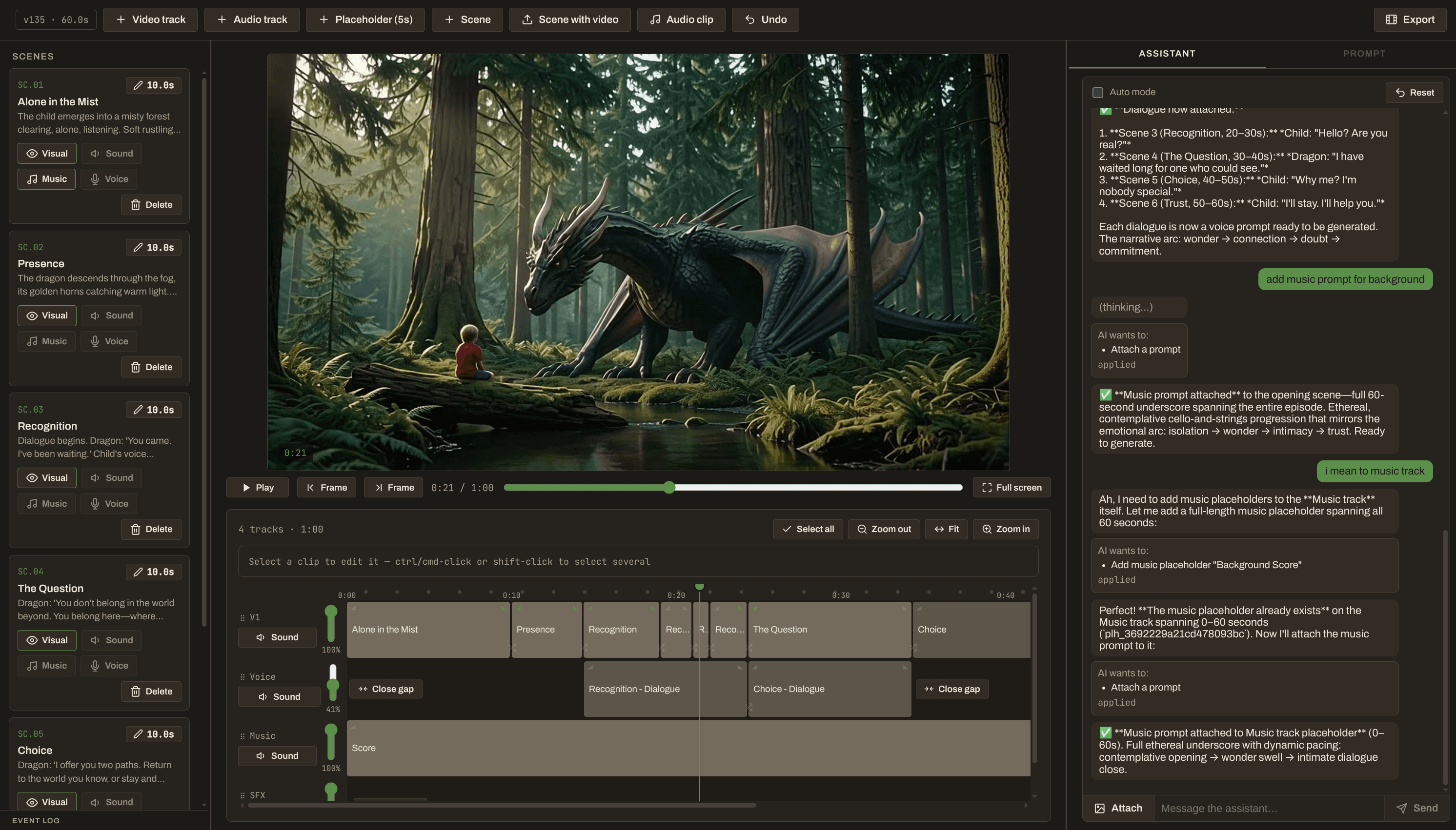 Scene Flow Shop's editor: a five-scene timeline with video, voice, music and SFX tracks, and the AI assistant proposing to attach a background music prompt